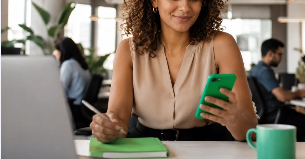 Mulher consultando o celular em um escritório